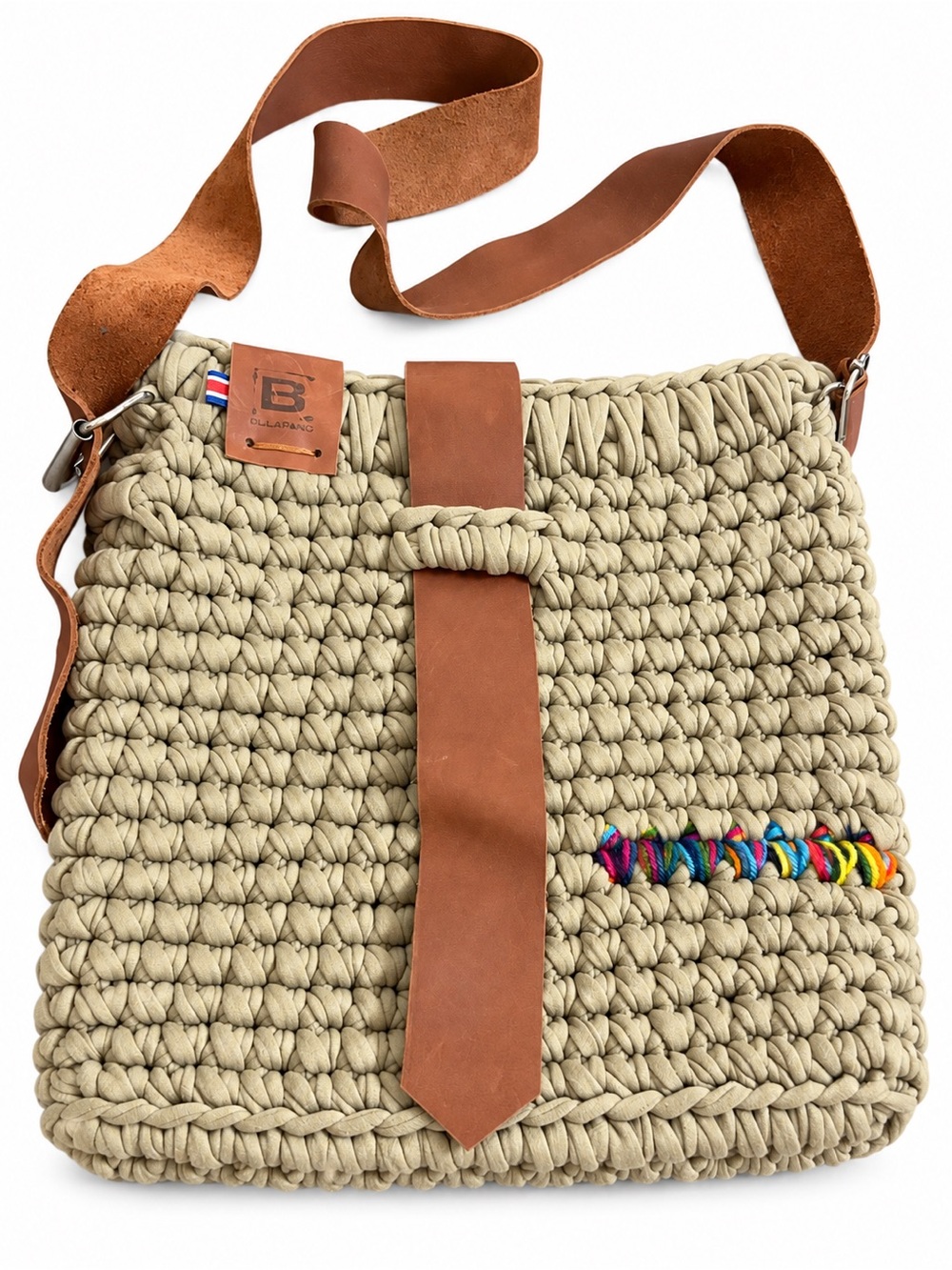 Handwoven Beige Crochet Crossbody Bag with Brown Leather Strap